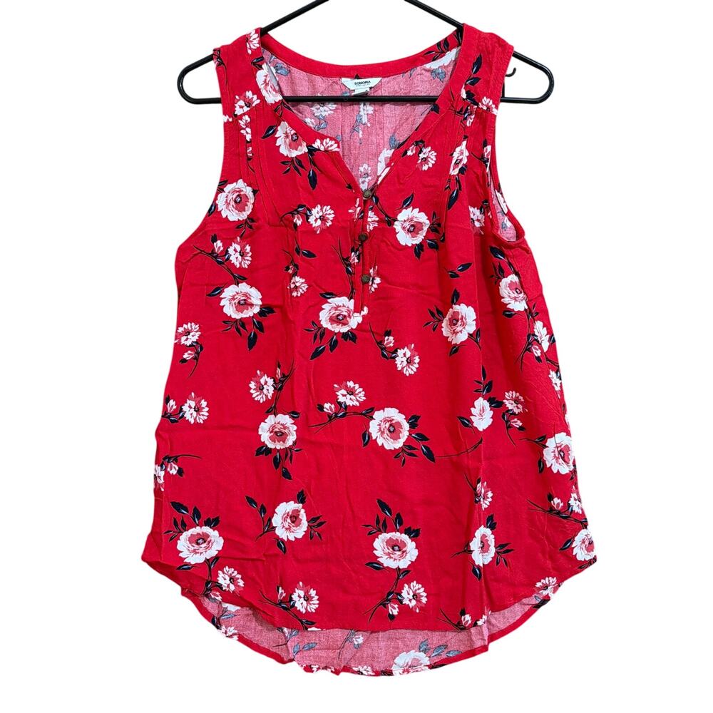 Sonoma Womens Tank Red Multi Floral V Neck Henley Accent Sleeveless Medium